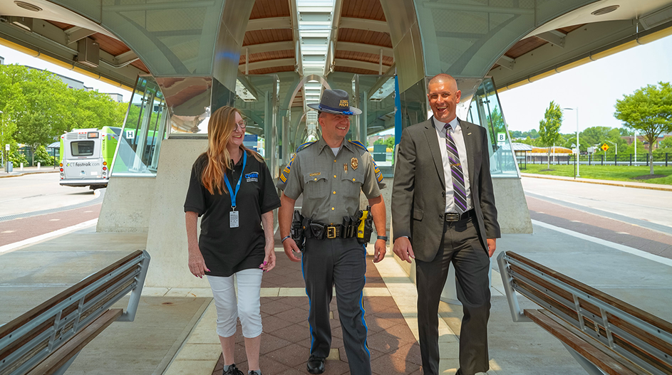 Community Partnership on CTfastrak Community partners including representatives from THOP, the Connecticut State Police, and CTtransit walk the guideway on CTfastrak.