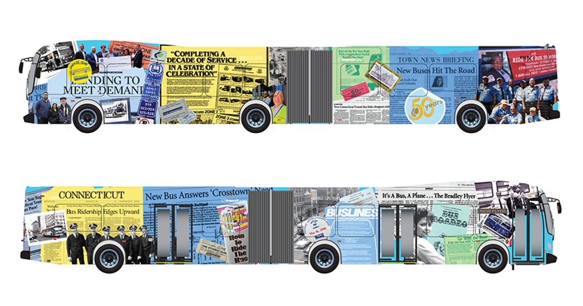 Dos renders de autobuses de CTtransit envueltos en imágenes de recortes de periódico, anuncios antiguos, eslóganes, logotipos y mucho más.