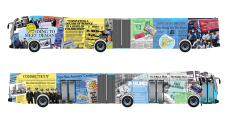 CTtransit Bus Wrap Design Rendering Two renderings of CTtransit buses wrapped in imagery of newspaper clippings, vintage advertisements, slogans, logos, and more.