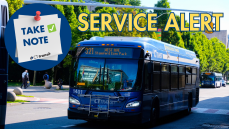 TAKE NOTE: Service Alert Text reads "TAKE NOTE: Service Alert" with a photo of a CT transit bus