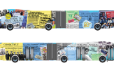 Two renderings of CTtransit buses wrapped in imagery of newspaper clippings, vintage advertisements, slogans, logos, and more.