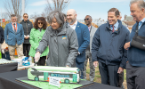 CTDOT's Transit Administrator Lisa Rivers cuts the ceremonial cake alongside Governor Ned Lamont, Senator Richard Blumenthal, and Commissioner Garrett Eucalitto at the CTfastrak anniversary celebration.